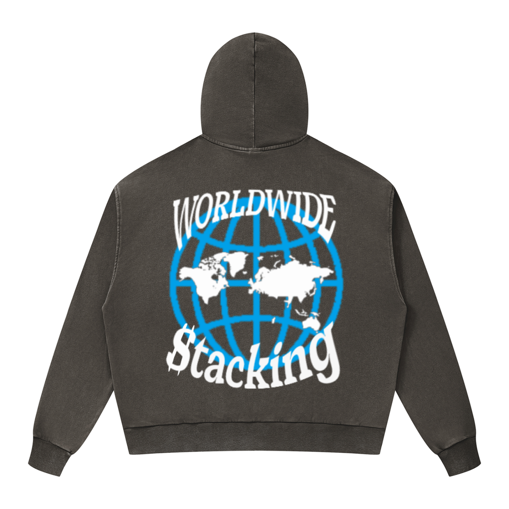 CashFlow "Worldwide Stacking" Unisex Mineral Wash Boxy Full Zip Hoodie