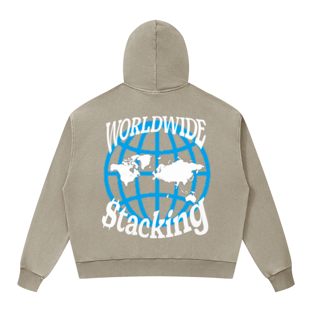 CashFlow "Worldwide Stacking" Unisex Mineral Wash Boxy Full Zip Hoodie