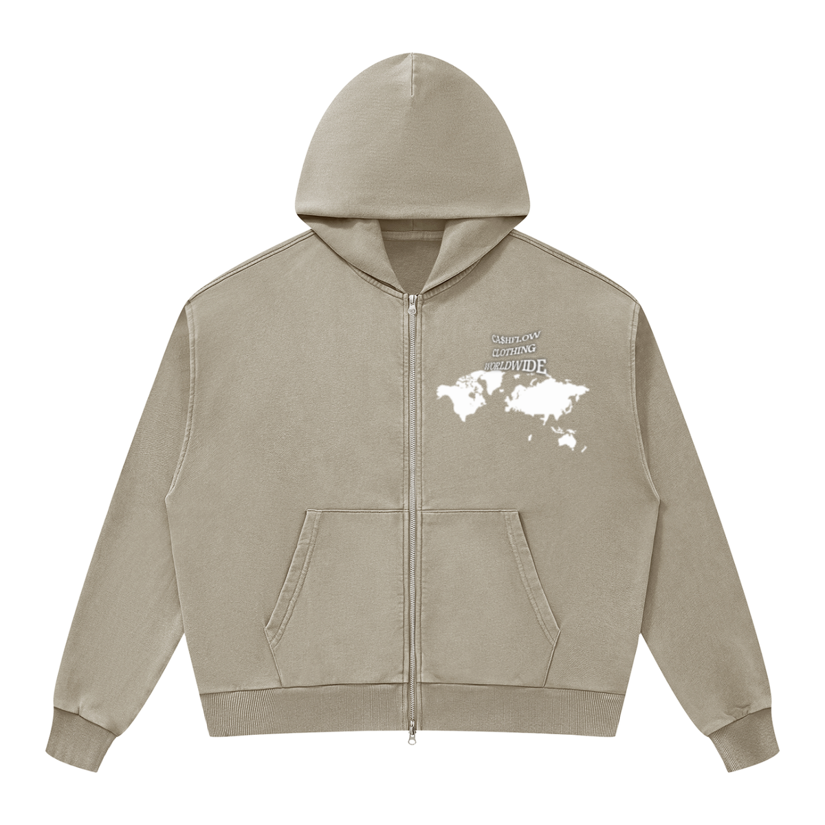 CashFlow "Worldwide Stacking" Unisex Mineral Wash Boxy Full Zip Hoodie