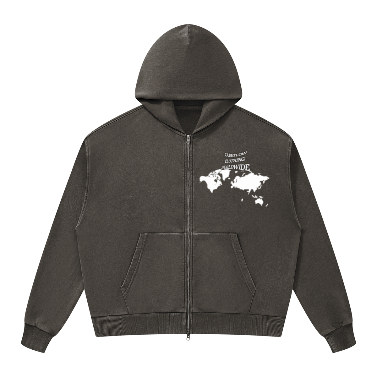 CashFlow "Worldwide Stacking" Unisex Mineral Wash Boxy Full Zip Hoodie