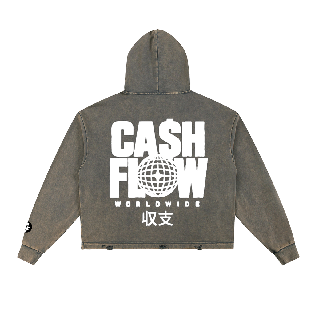 "CashFlow Worldwide" Vintage Washed Frayed-Hem Hoodie