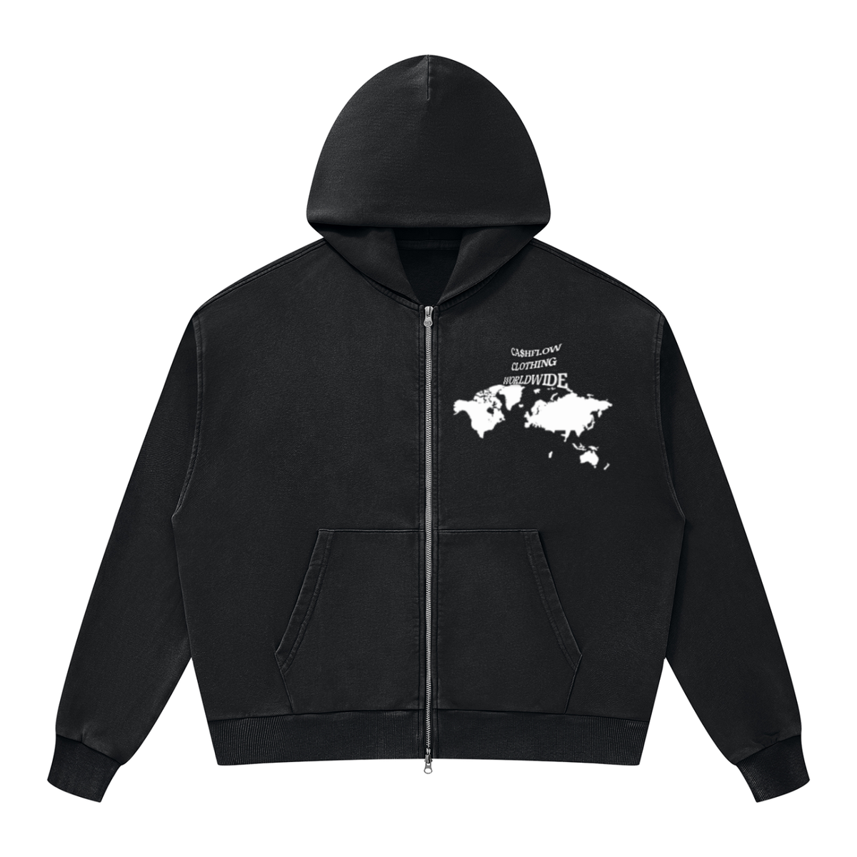 CashFlow "Worldwide Stacking" Unisex Mineral Wash Boxy Full Zip Hoodie