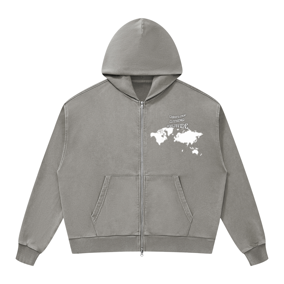 CashFlow "Worldwide Stacking" Unisex Mineral Wash Boxy Full Zip Hoodie
