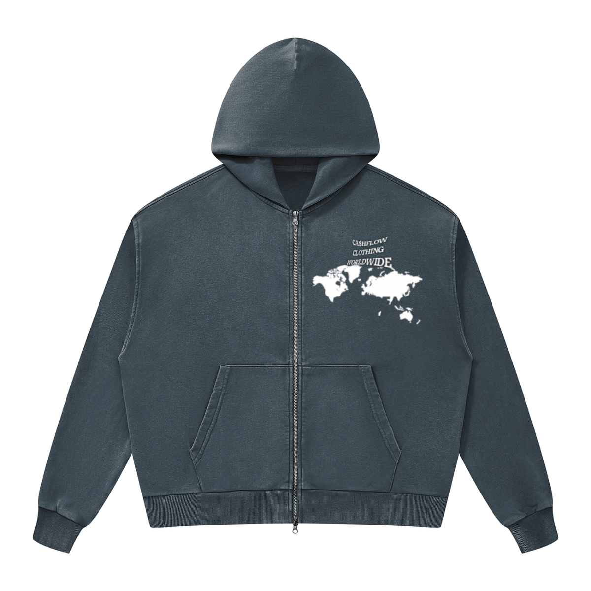 CashFlow "Worldwide Stacking" Unisex Mineral Wash Boxy Full Zip Hoodie