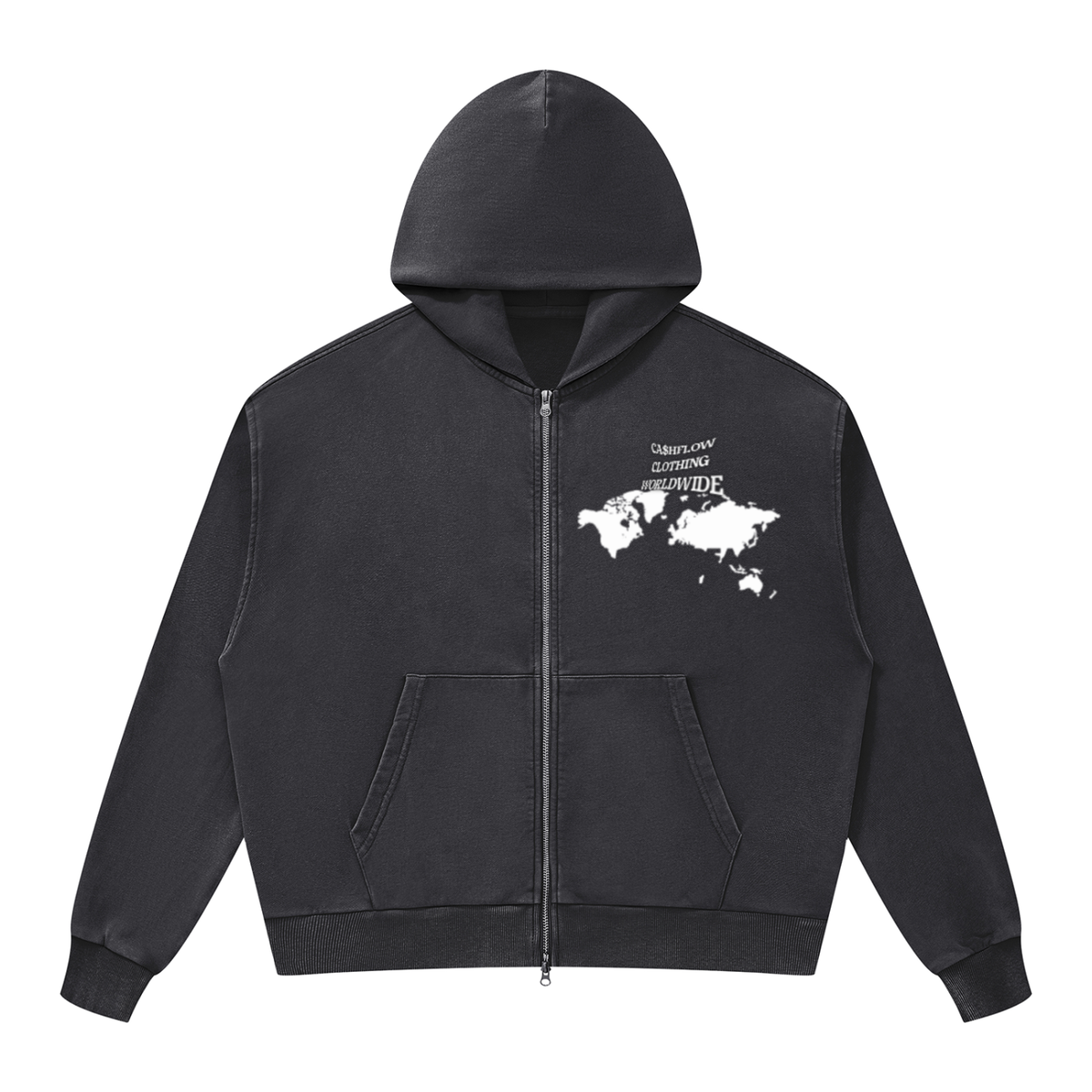CashFlow "Worldwide Stacking" Unisex Mineral Wash Boxy Full Zip Hoodie