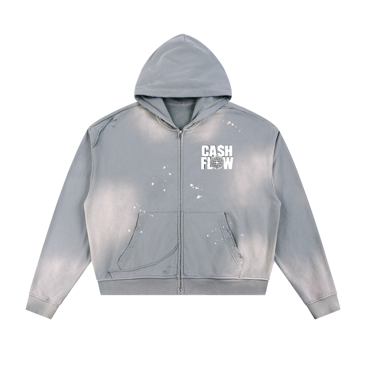 "CashFlow Worldwide" Sun Fade Frayed Raw Edge Fleece Zip Hoodie