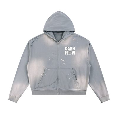 "CashFlow Worldwide" Sun Fade Frayed Raw Edge Fleece Zip Hoodie