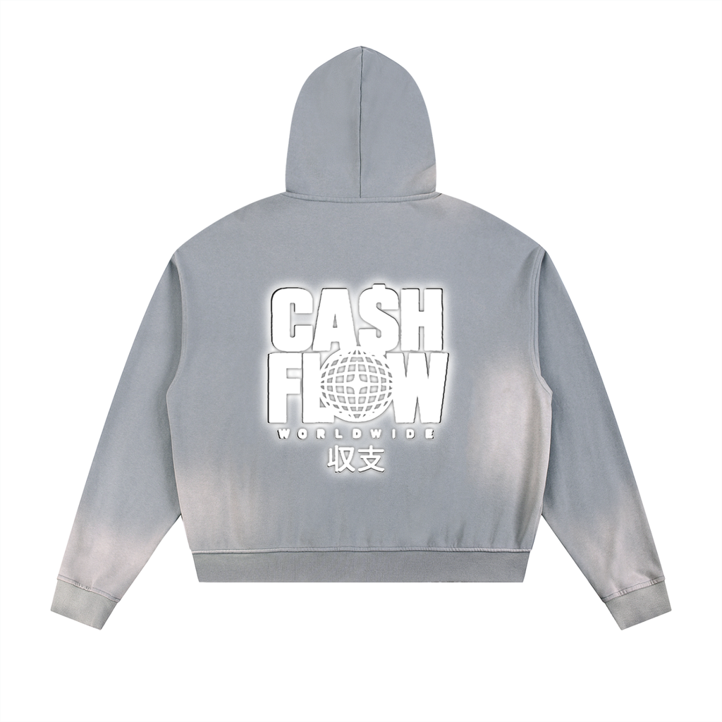 "CashFlow Worldwide" Sun Fade Frayed Raw Edge Fleece Zip Hoodie