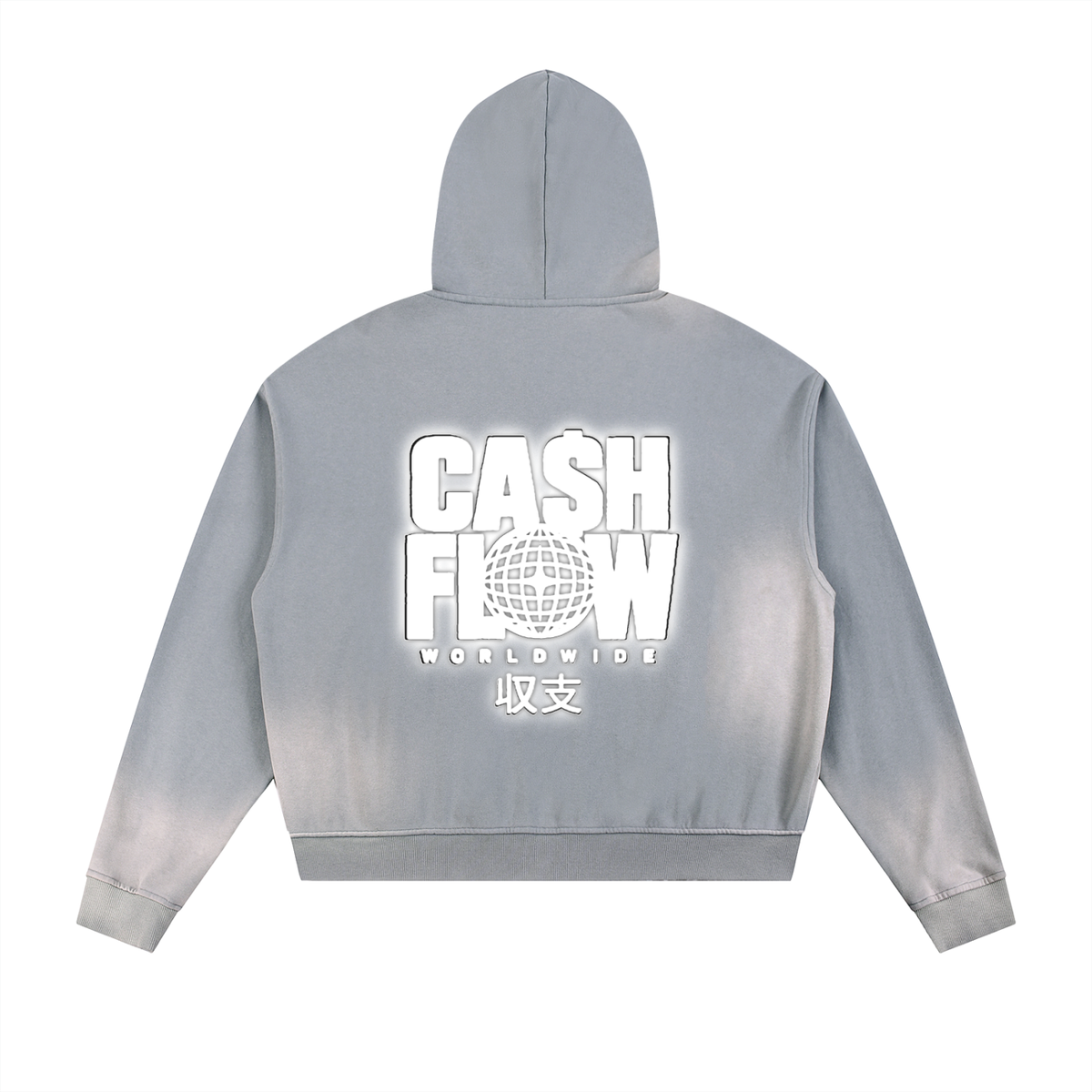 "CashFlow Worldwide" Sun Fade Frayed Raw Edge Fleece Zip Hoodie