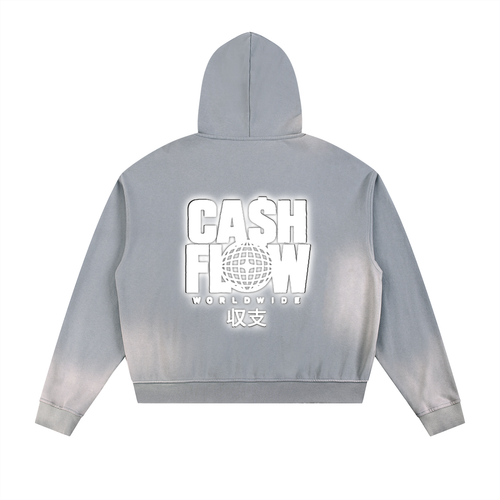 "CashFlow Worldwide" Sun Fade Frayed Raw Edge Fleece Zip Hoodie