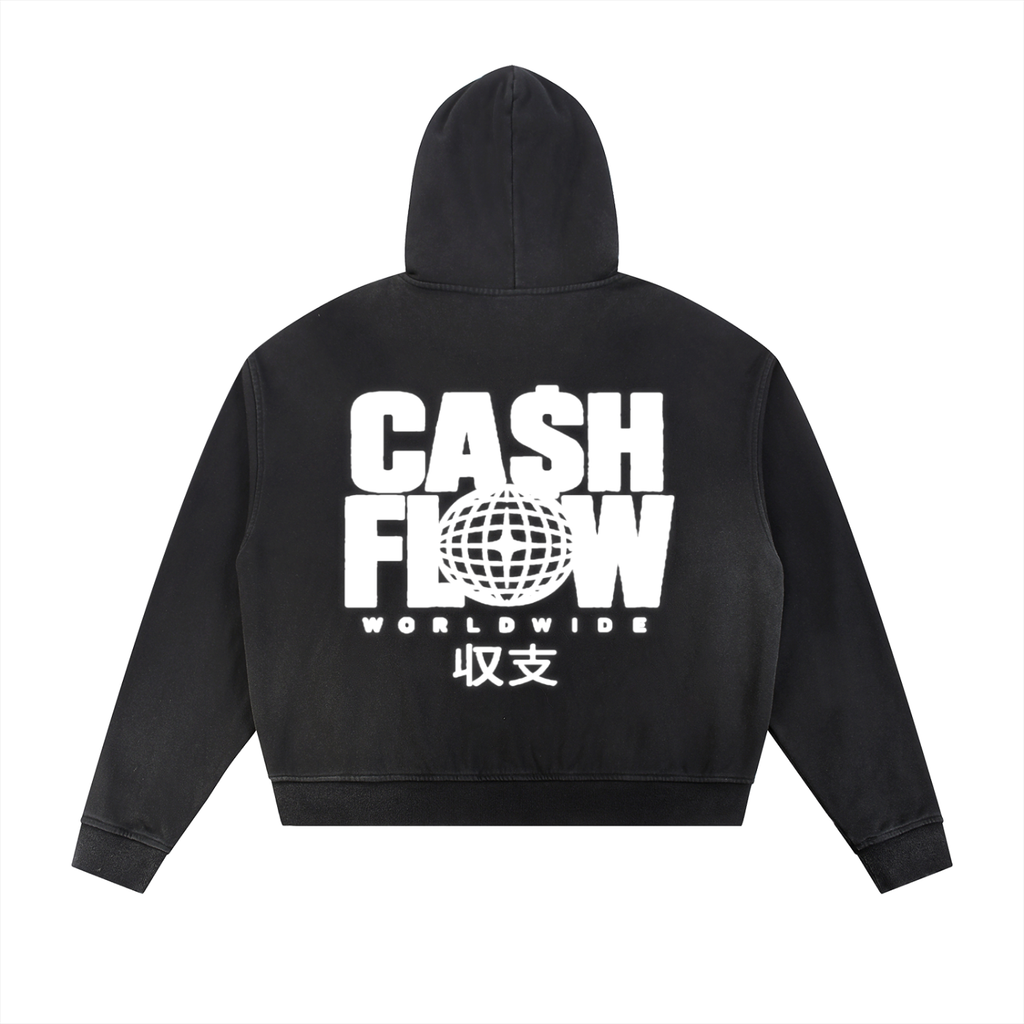 "CashFlow Worldwide" Sun Fade Frayed Raw Edge Fleece Zip Hoodie