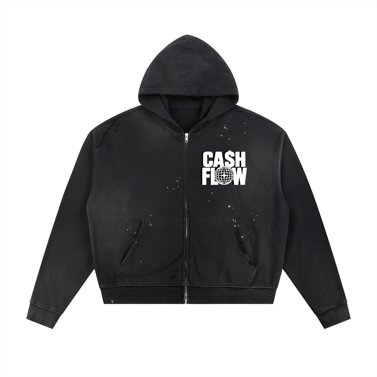 "CashFlow Worldwide" Sun Fade Frayed Raw Edge Fleece Zip Hoodie
